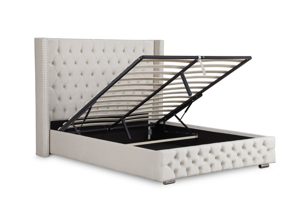 Lit coffre en velours beige 180x200 cm MAXI - DécoInParis