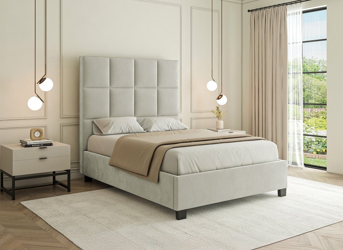 Lit coffre en velours beige design CAROLINE 140 x 190 cm - DécoInParis