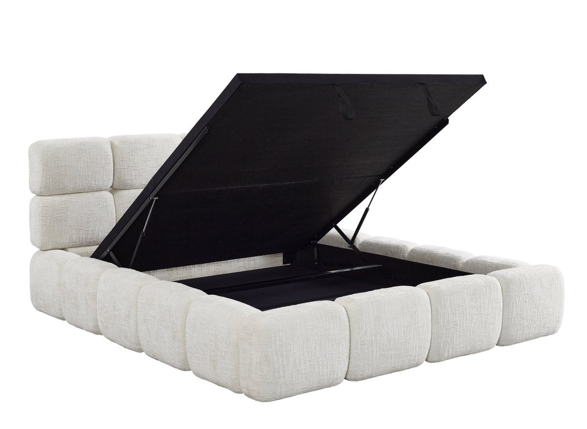 Lit coffre en velours chiné beige 140x190 cm BUBBLE - DécoInParis