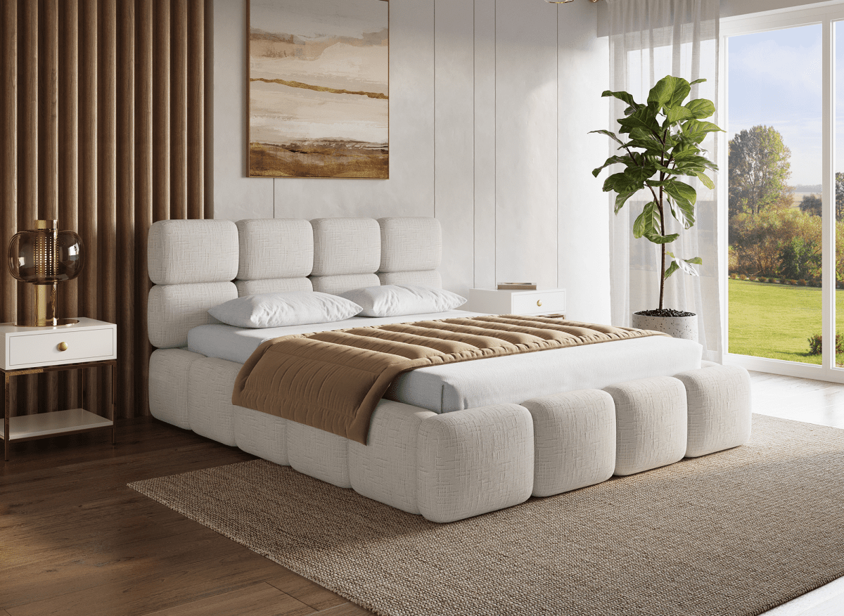 Lit coffre en velours chiné beige 160x200 cm BUBBLE - DécoInParis