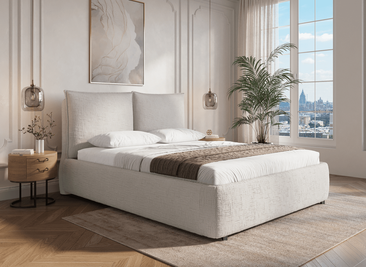 Lit coffre en velours chiné beige 160x200 cm MELY - DécoInParis