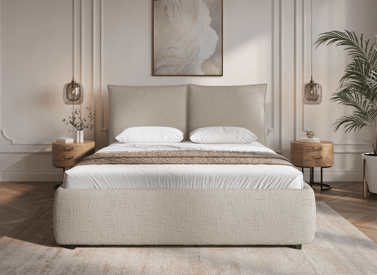 Lit coffre en velours chiné taupe 140x190 cm MELY - DécoInParis