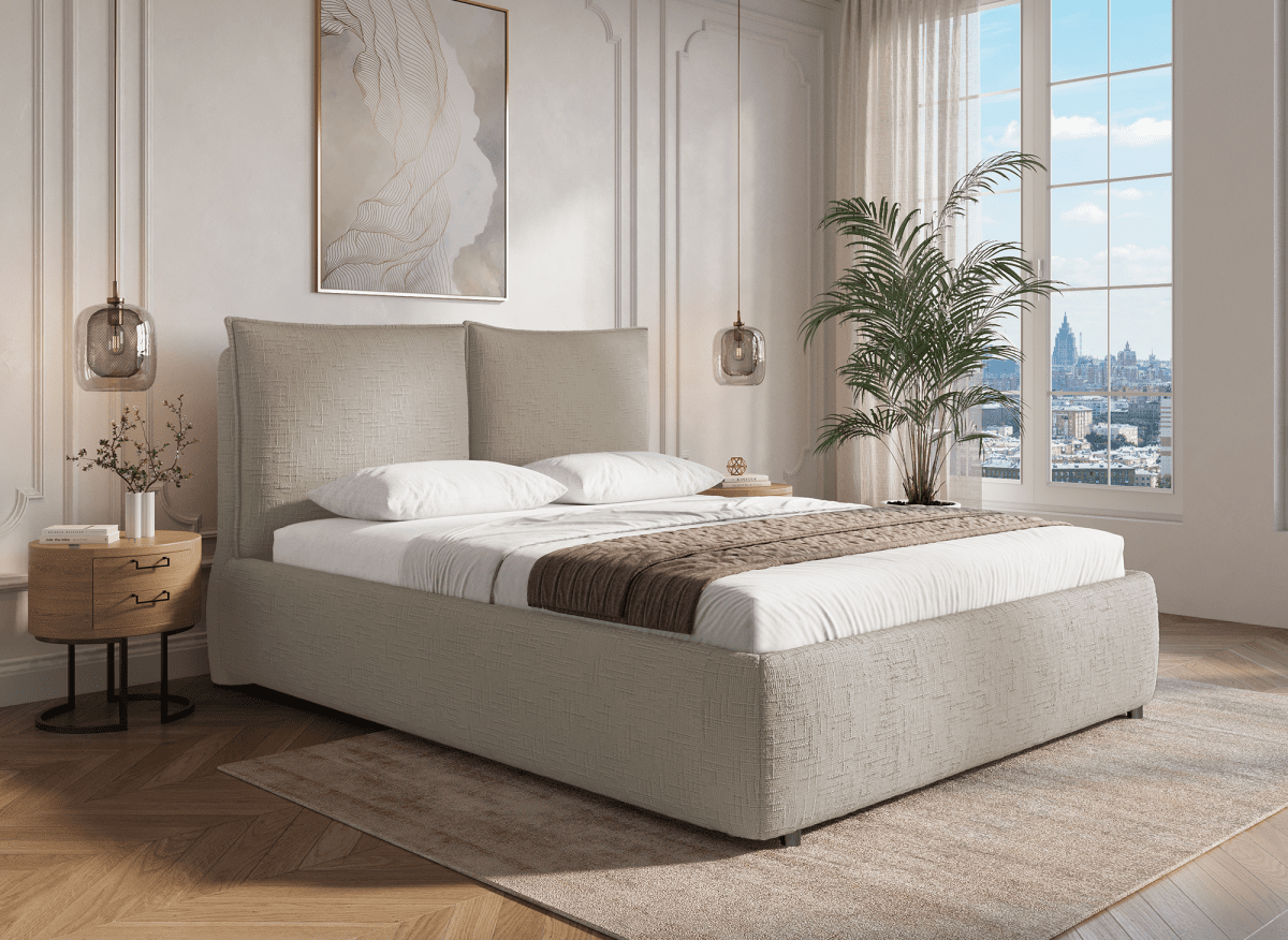 Lit coffre en velours chiné taupe 140x190 cm MELY - DécoInParis