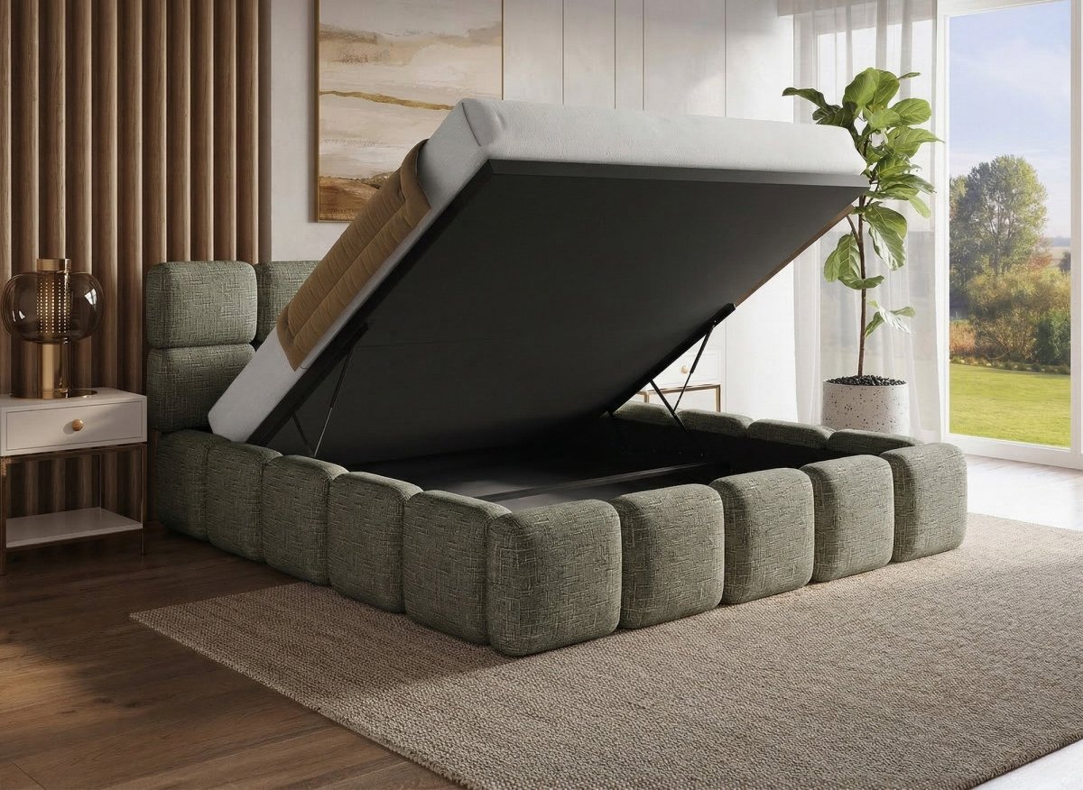 Lit coffre en velours chiné vert olive 180x200 cm BUBBLE - DécoInParis