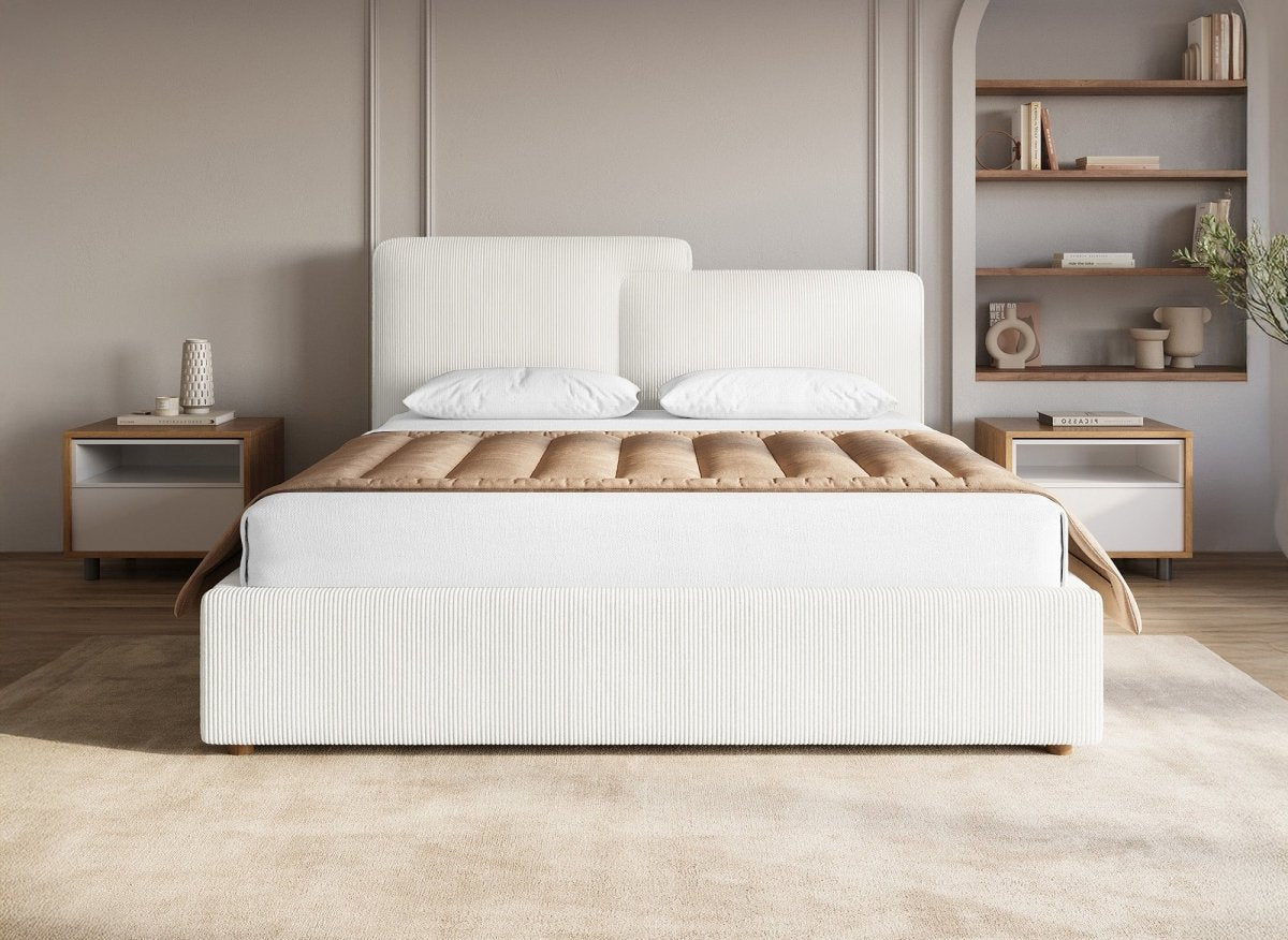 Lit coffre en velours côtelé écru 140x190 cm ZELIA - DécoInParis
