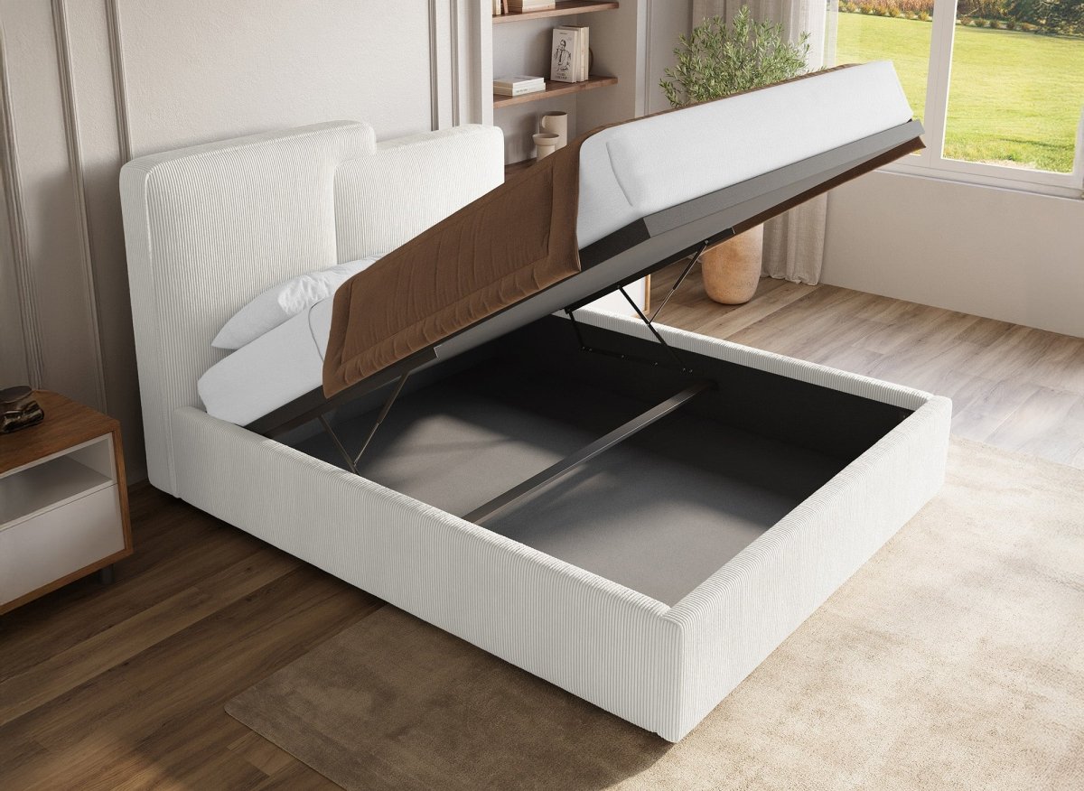 Lit coffre en velours côtelé écru 140x190 cm ZELIA - DécoInParis