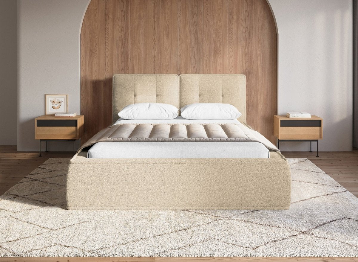 Lit double en tissu bouclette beige 140x190 cm YUNA - DécoInParis
