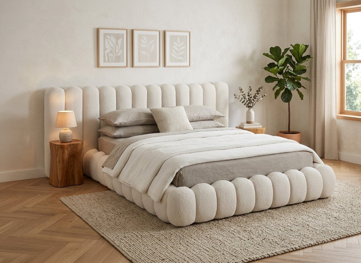 Lit double en tissu bouclette beige 160x200 cm GRETA - DécoInParis