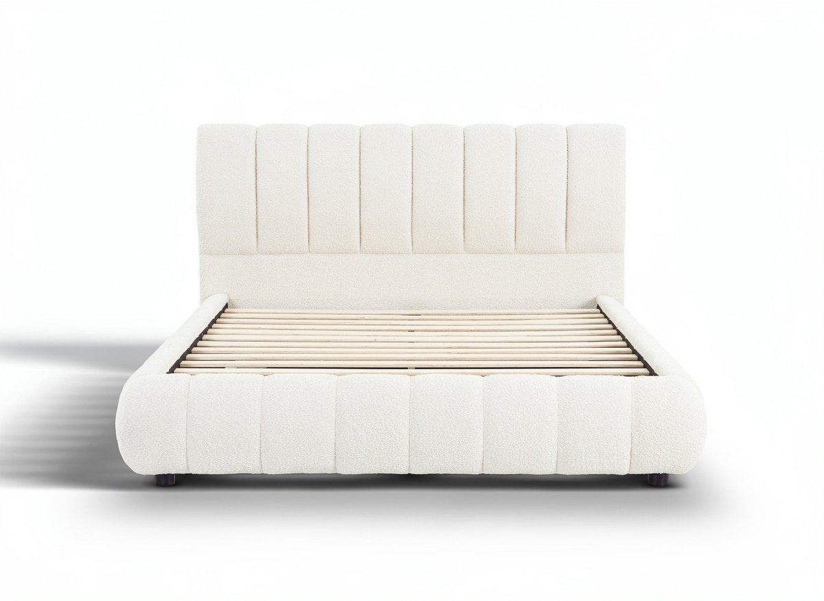 Lit double en tissu bouclette beige 160x200 cm RILEY - DécoInParis