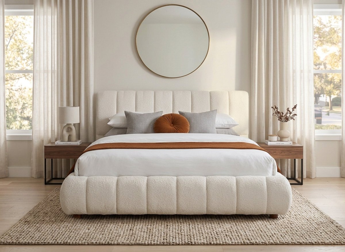 Lit double en tissu bouclette beige 180x200 cm RILEY - DécoInParis