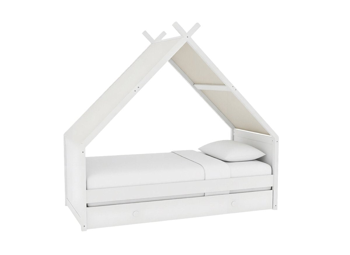 Lit cabane gigogne LIMEO blanc vu de face, toit en maison