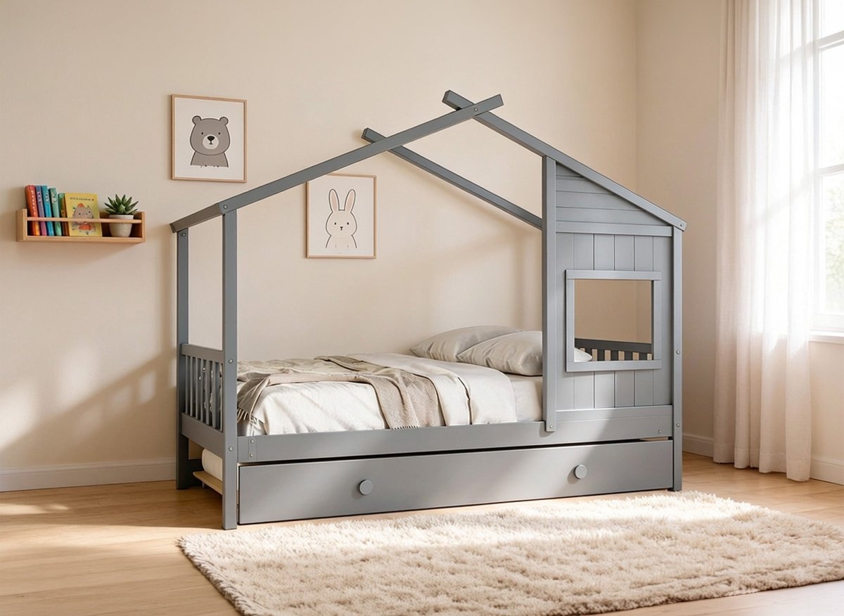 Lit cabane Montessori gigogne MILIO en bois gris 90x190, chambre d'enfant
