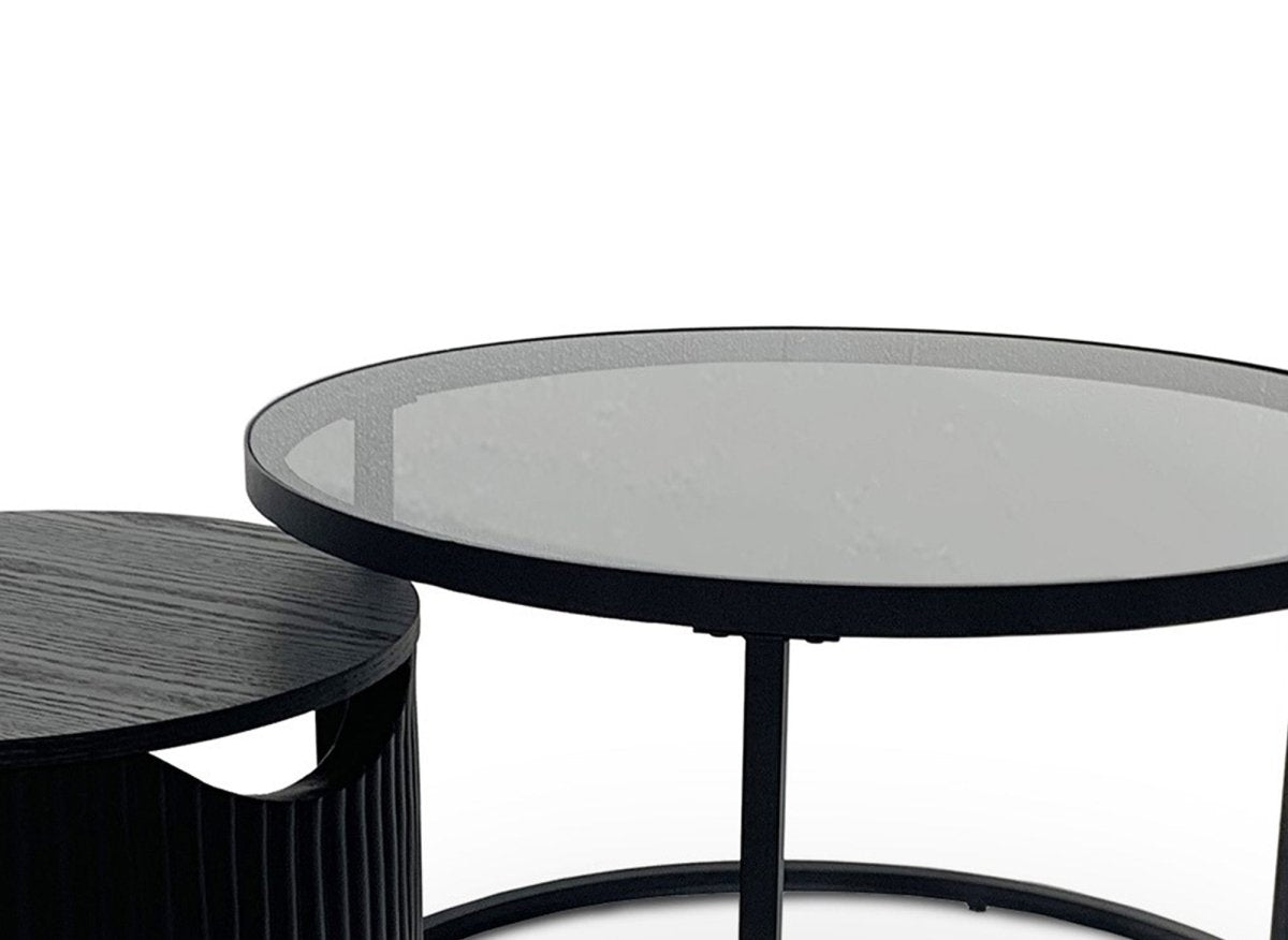 Lot de 2 tables basses rondes gigognes en verre et bois noir TAYRON - DécoInParis
