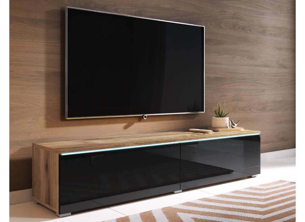 Meuble TV chêne vieilli et noir laqué avec LED 2 portes MALORIE - 140 cm - DécoInParis