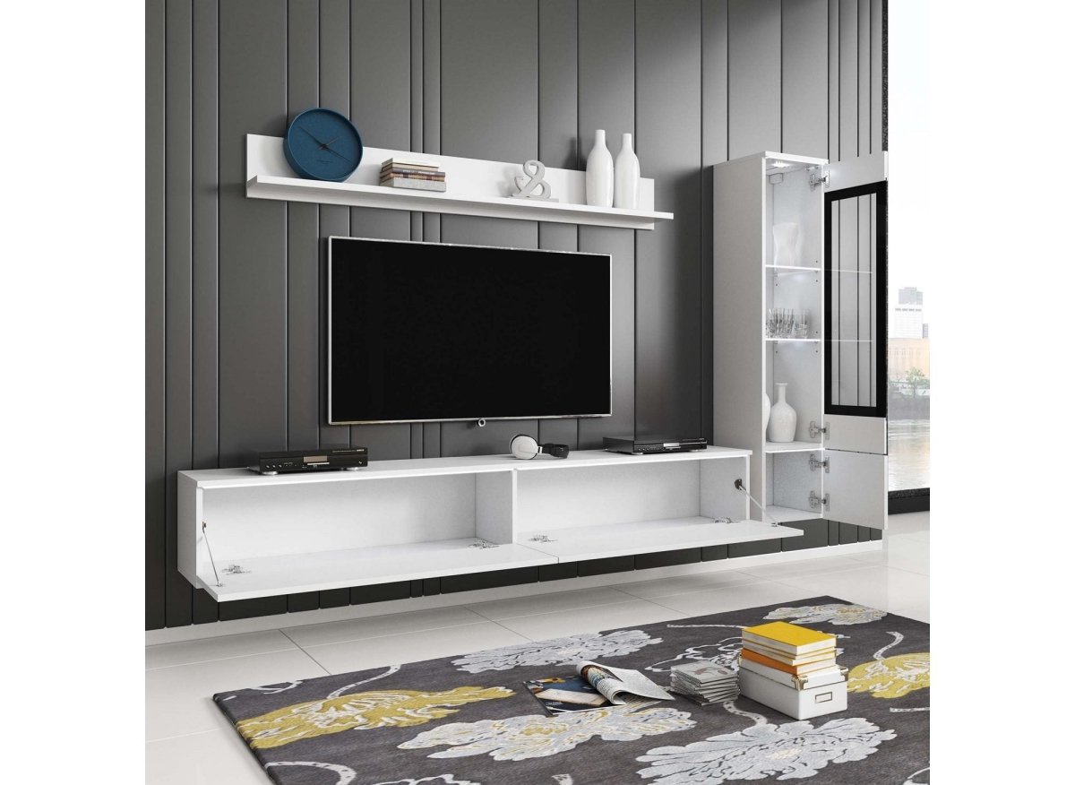 Meuble TV contemporain blanc laqué avec LED - VERONICA - DécoInParis