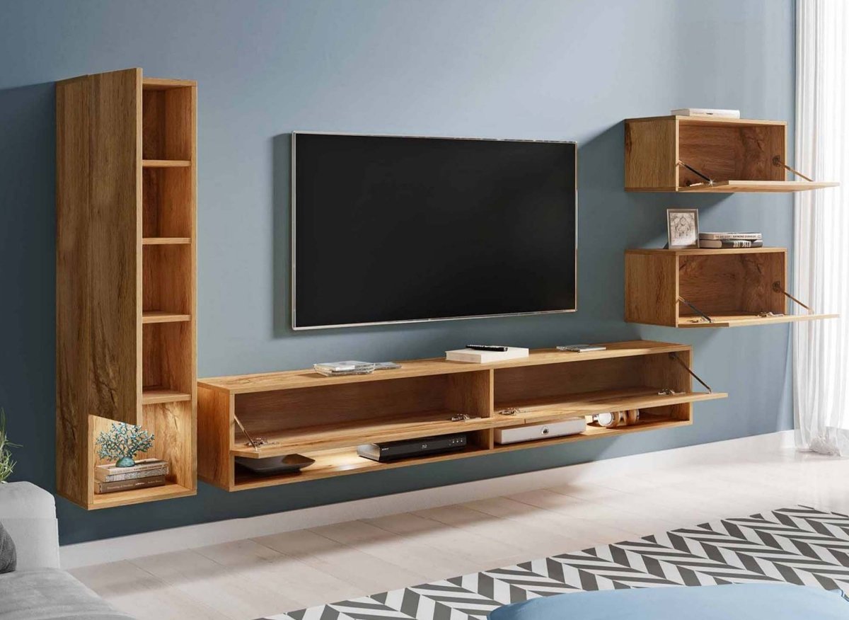 Meuble TV contemporain chêne avec LED - AMANDA - DécoInParis