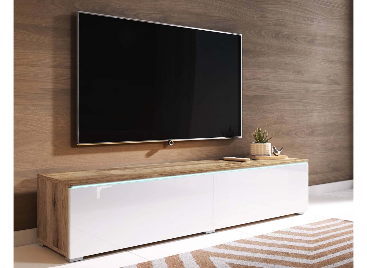 Meuble TV contemporain chêne et laqué blanc avec LED 2 portes MALORIE - 140 cm - DécoInParis
