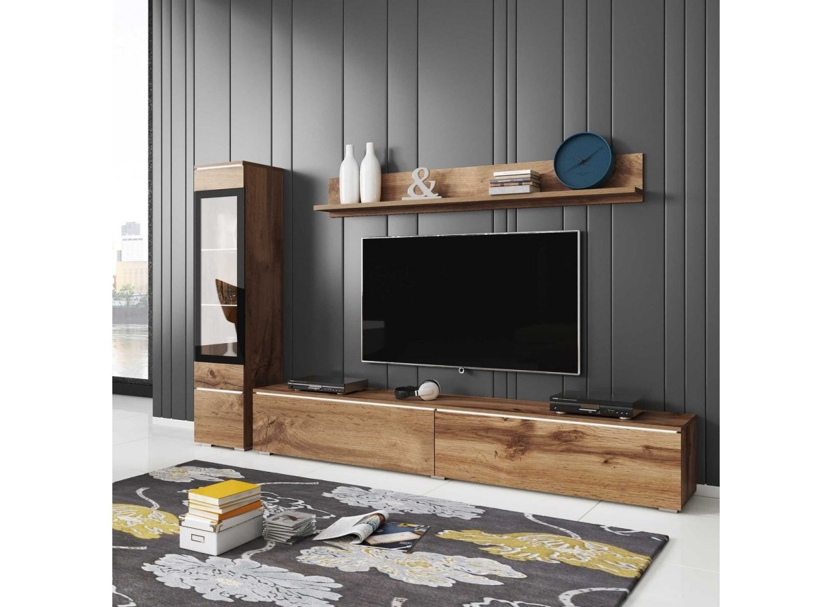 Meuble TV contemporain chêne vieilli avec LED - VERONICA - DécoInParis