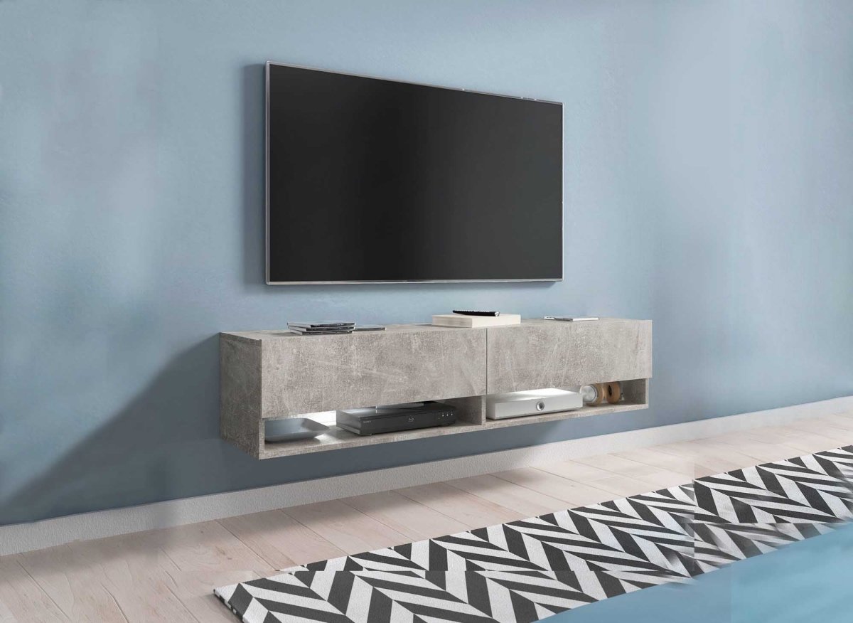 Meuble TV suspendu 2 portes 2 niches gris béton ROMANE XL - 140 cm - DécoInParis
