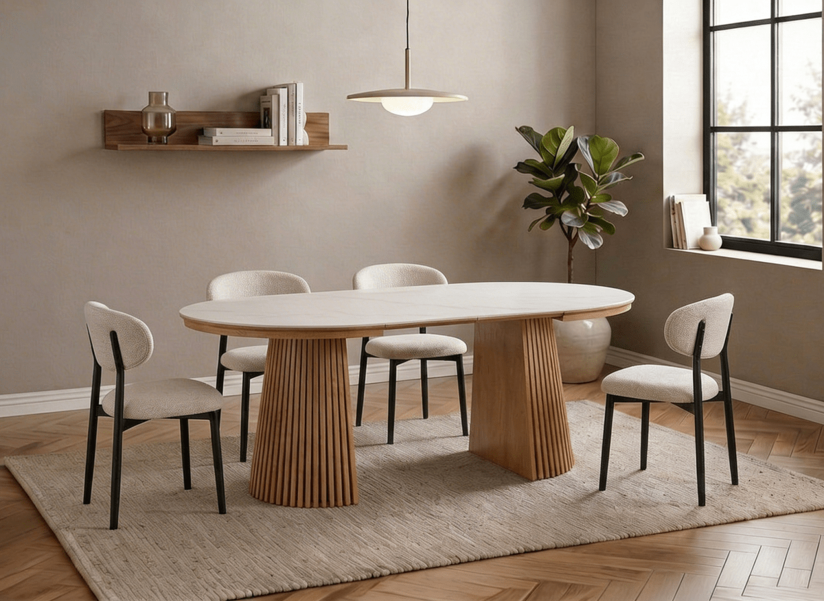 Table à manger ronde extensible en bois clair avec plateau en céramique blanc HEKA - DécoInParis