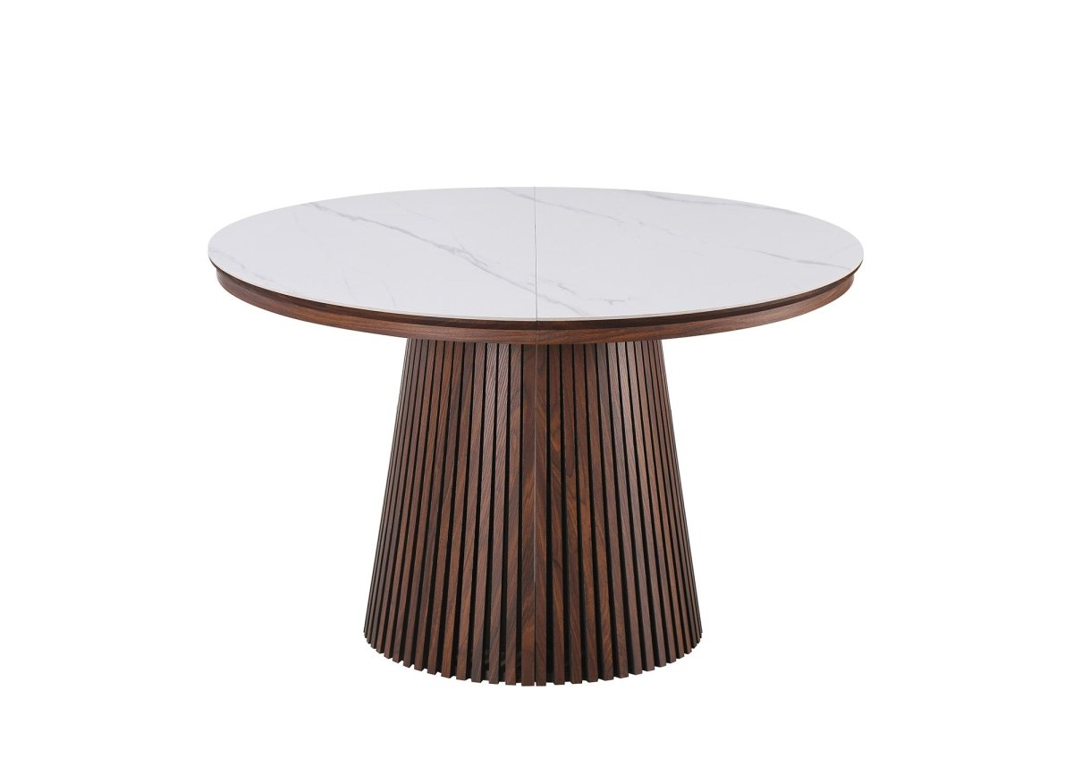 Table à manger ronde extensible en bois foncé avec plateau en céramique blanc HEKA - DécoInParis