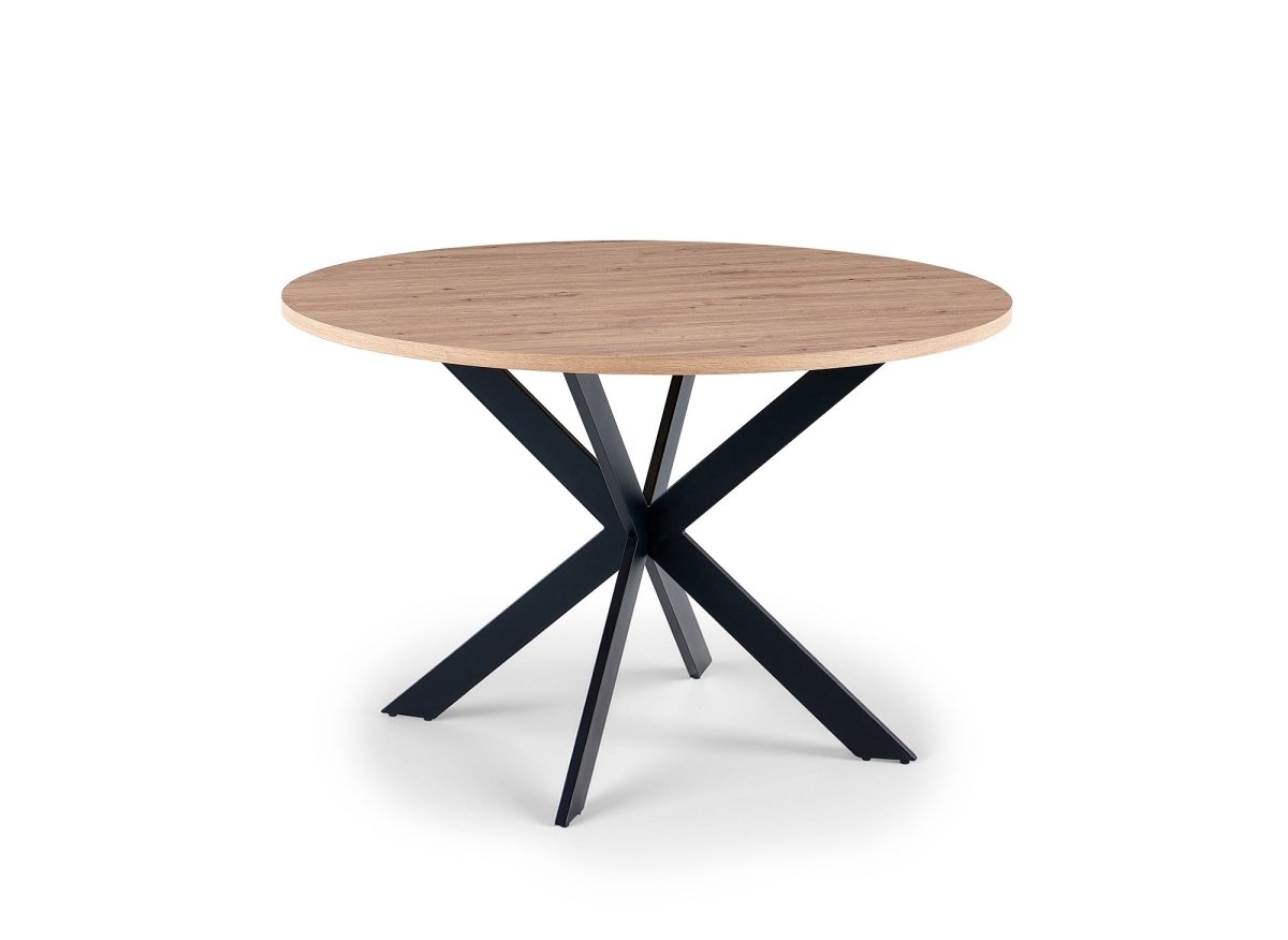 Table à manger ronde plateau effet bois pieds métal noir SINAYA - DécoInParis