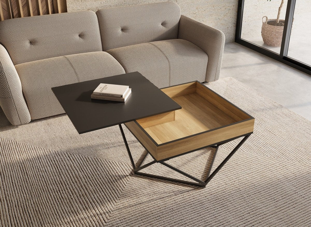 Table basse en bois avec plateau pivotant en verre trempé noir et pieds métal ZELIE - DécoInParis