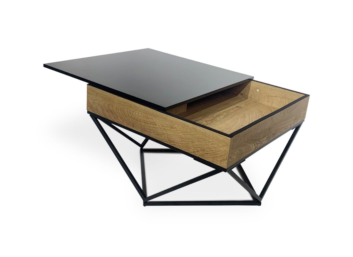 Table basse en bois avec plateau pivotant en verre trempé noir et pieds métal ZELIE - DécoInParis