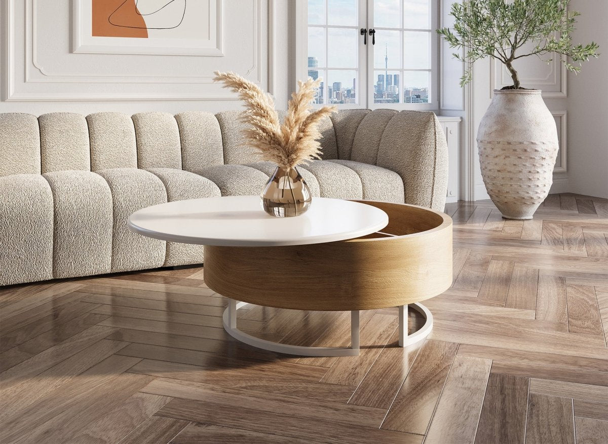 Table basse ronde avec plateau pivotant et rangement en bois et métal blanc BELYA - DécoInParis