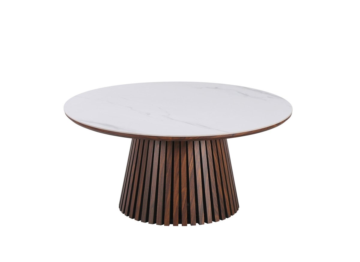 Table basse ronde en bois foncé plateau en céramique blanc HEKA - DécoInParis