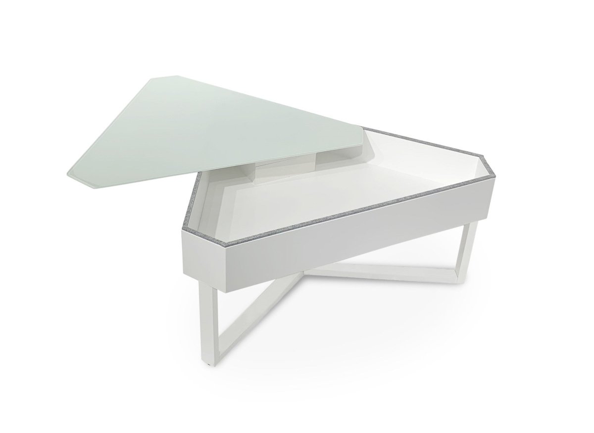 Table basse triangulaire blanche avec plateau pivotant et rangement SOLINE - DécoInParis