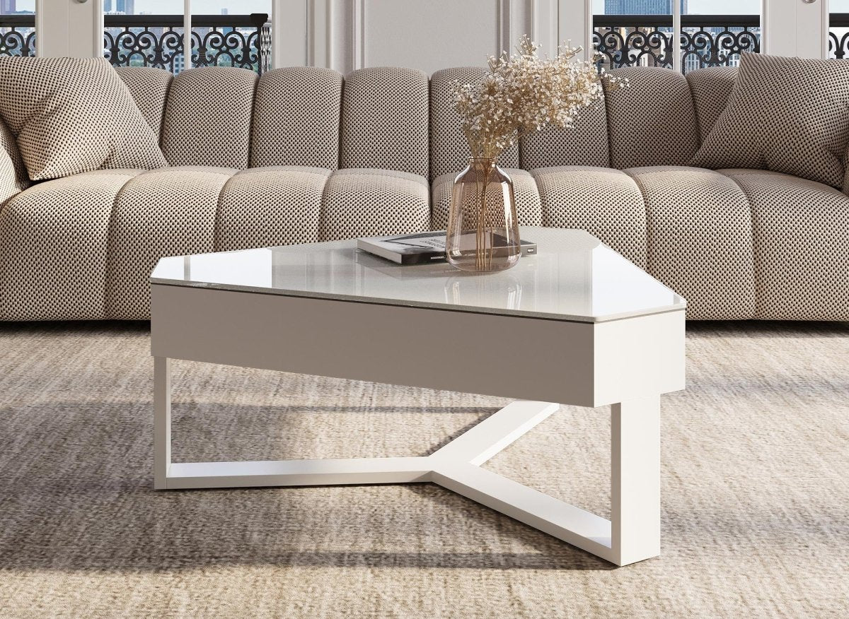 Table basse triangulaire blanche avec plateau pivotant et rangement SOLINE - DécoInParis