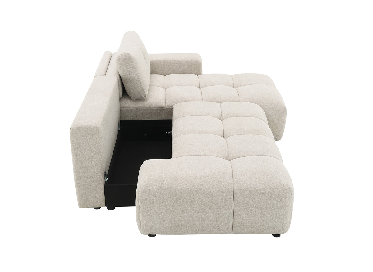 Divano angolare trasformabile con cassapanca in tessuto strutturato beige ANGELINE - Angolo retto