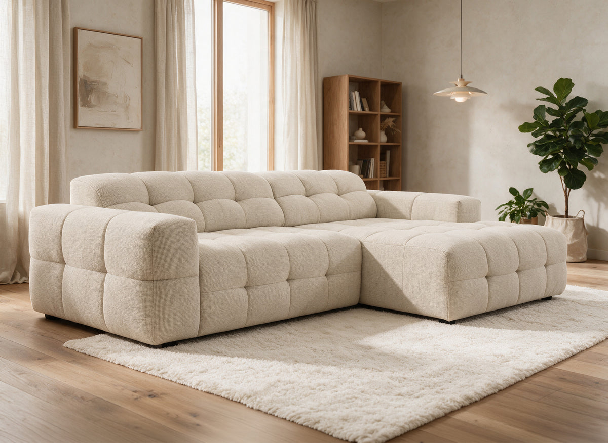 Canapé d'angle relax électrique en velours texturé beige FEDORA - Angle droit