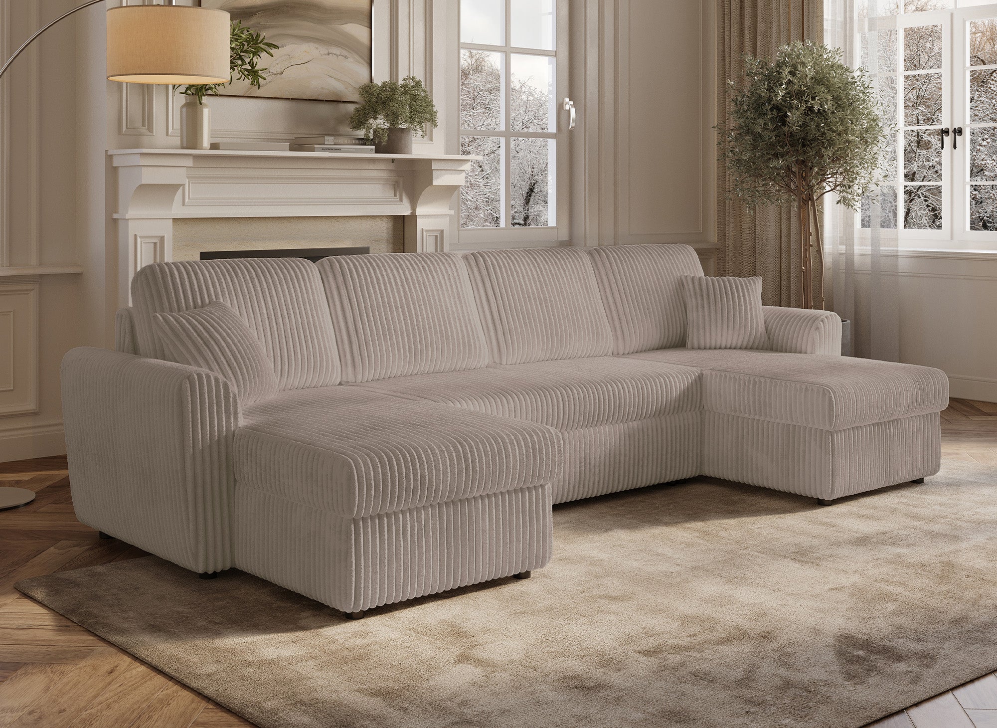 Divano panoramico trasformabile con cassapanche in velluto a coste spesso color talpa ADRYEN