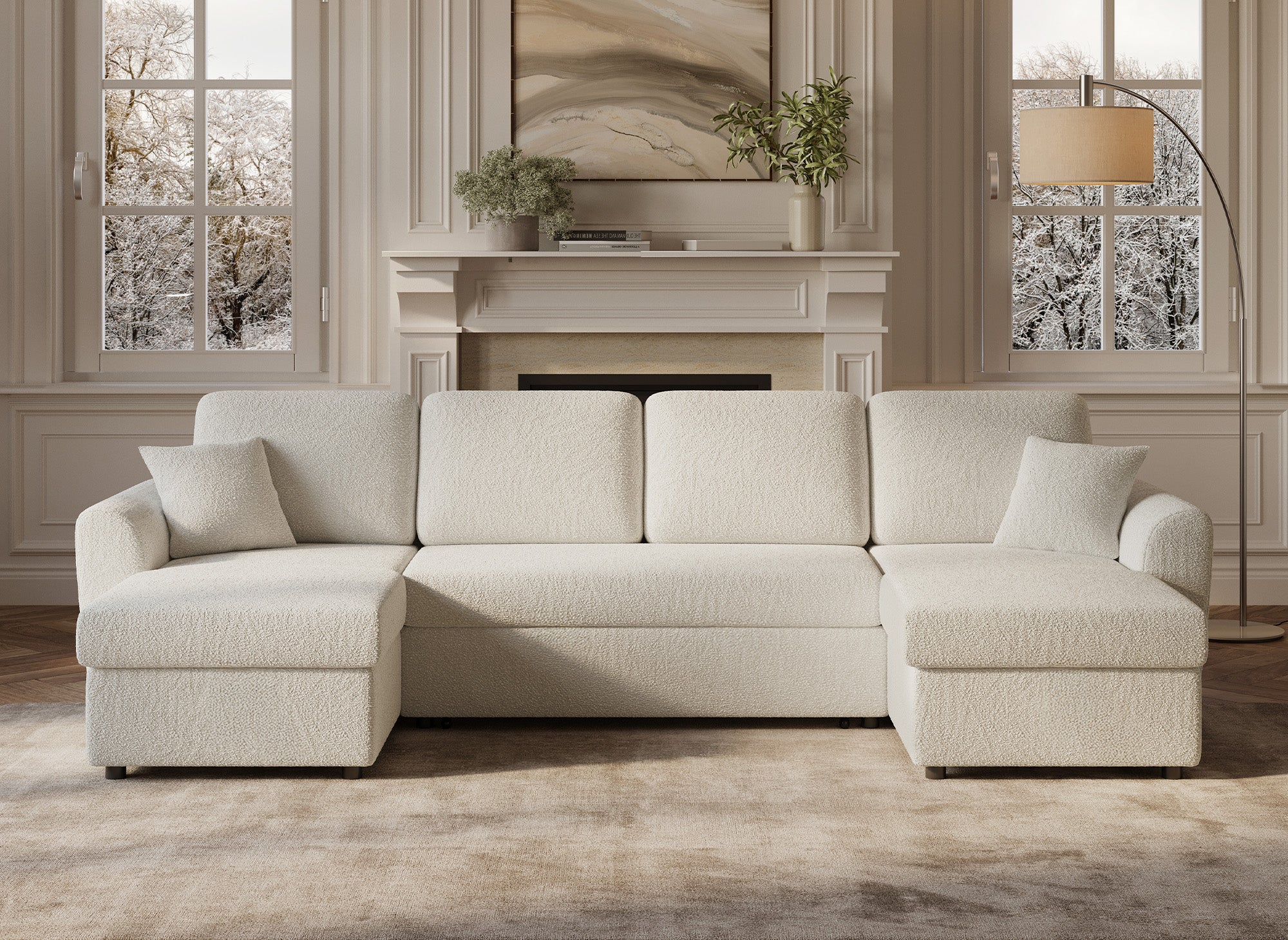 Canapé panoramique convertible 2 coffres de rangement en tissu bouclette beige ADRYEN