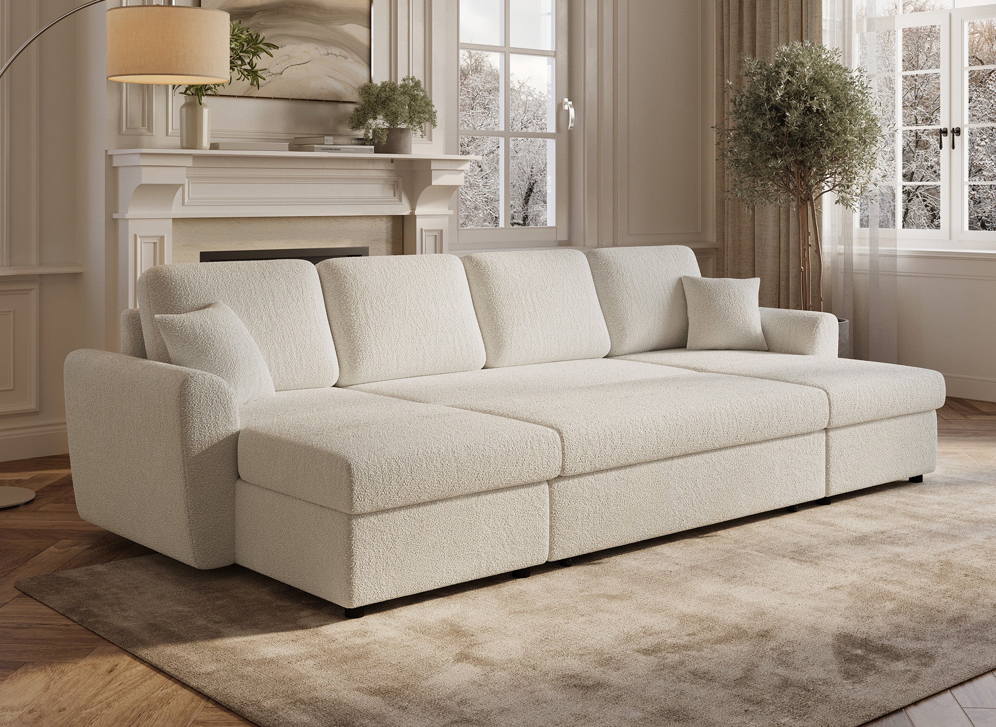 Canapé panoramique convertible 2 coffres de rangement en tissu bouclette beige ADRYEN