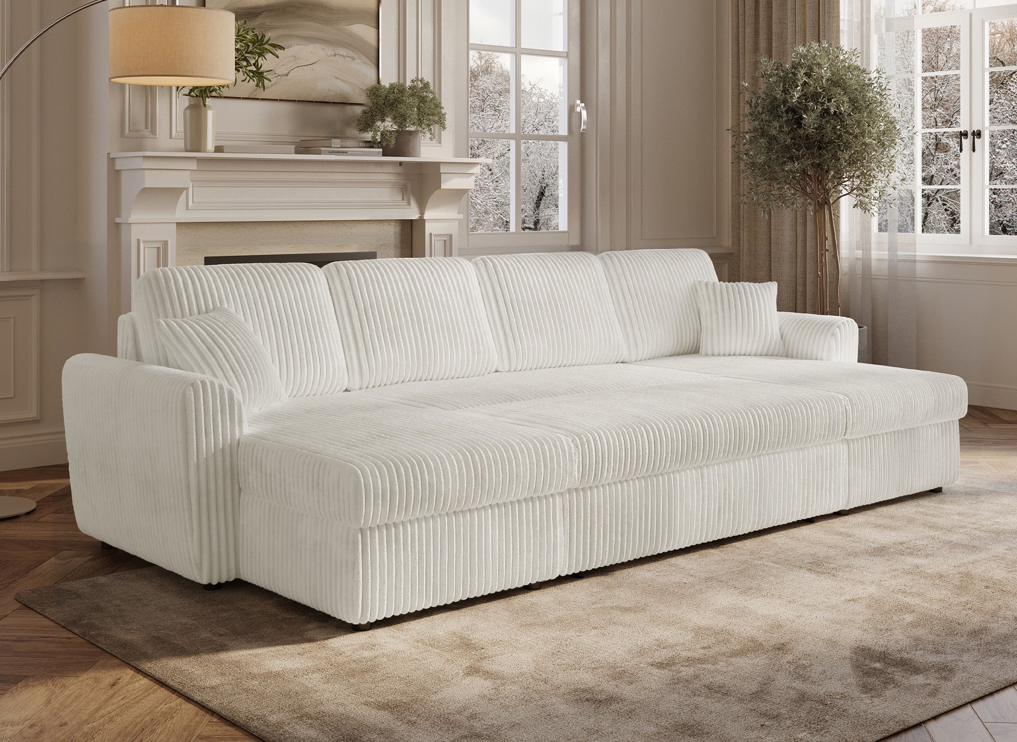 Divano convertibile panoramico ADRYEN in velluto a coste spesso beige con cassapanche