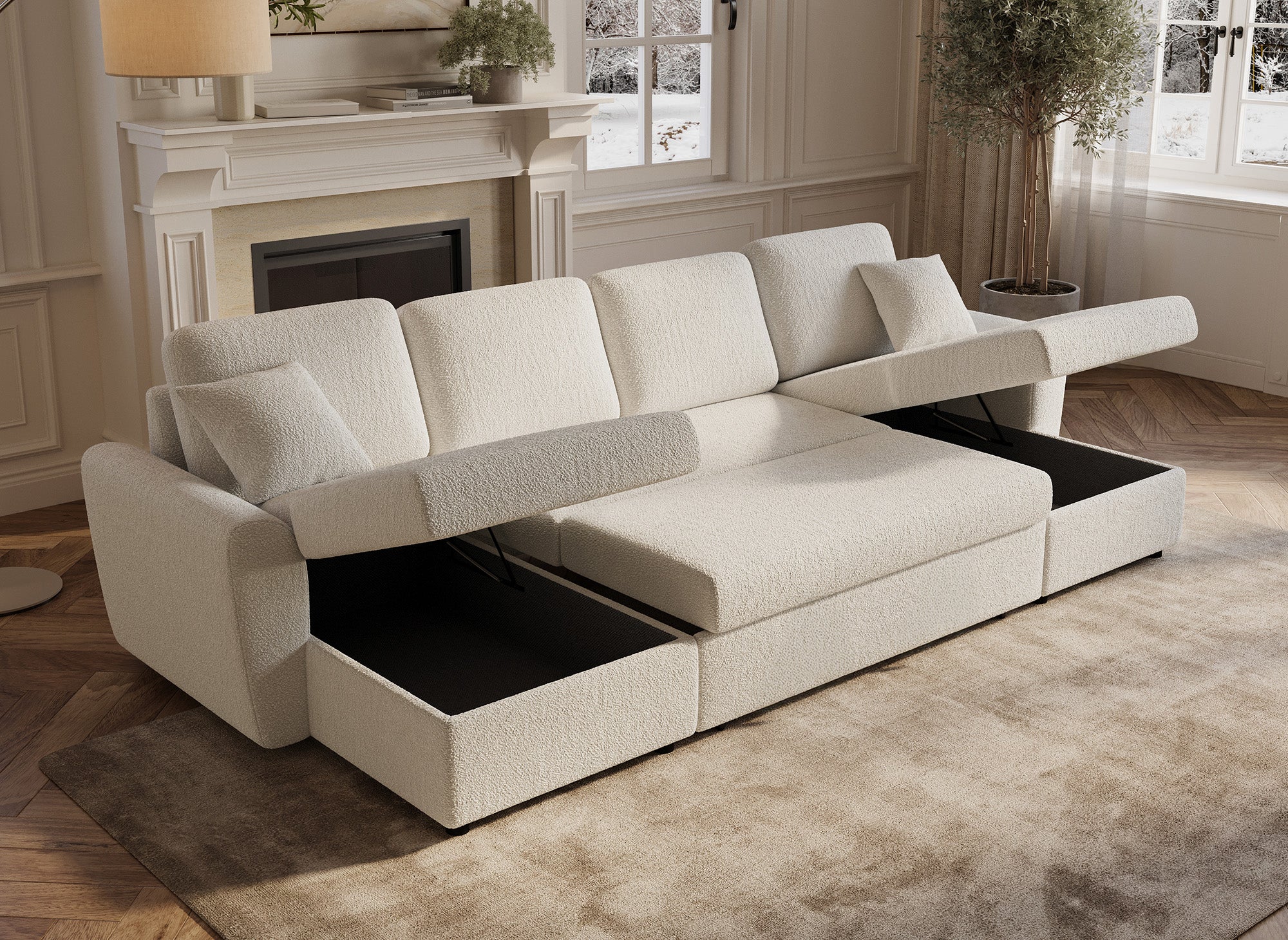 Canapé panoramique convertible 2 coffres de rangement en tissu bouclette beige ADRYEN