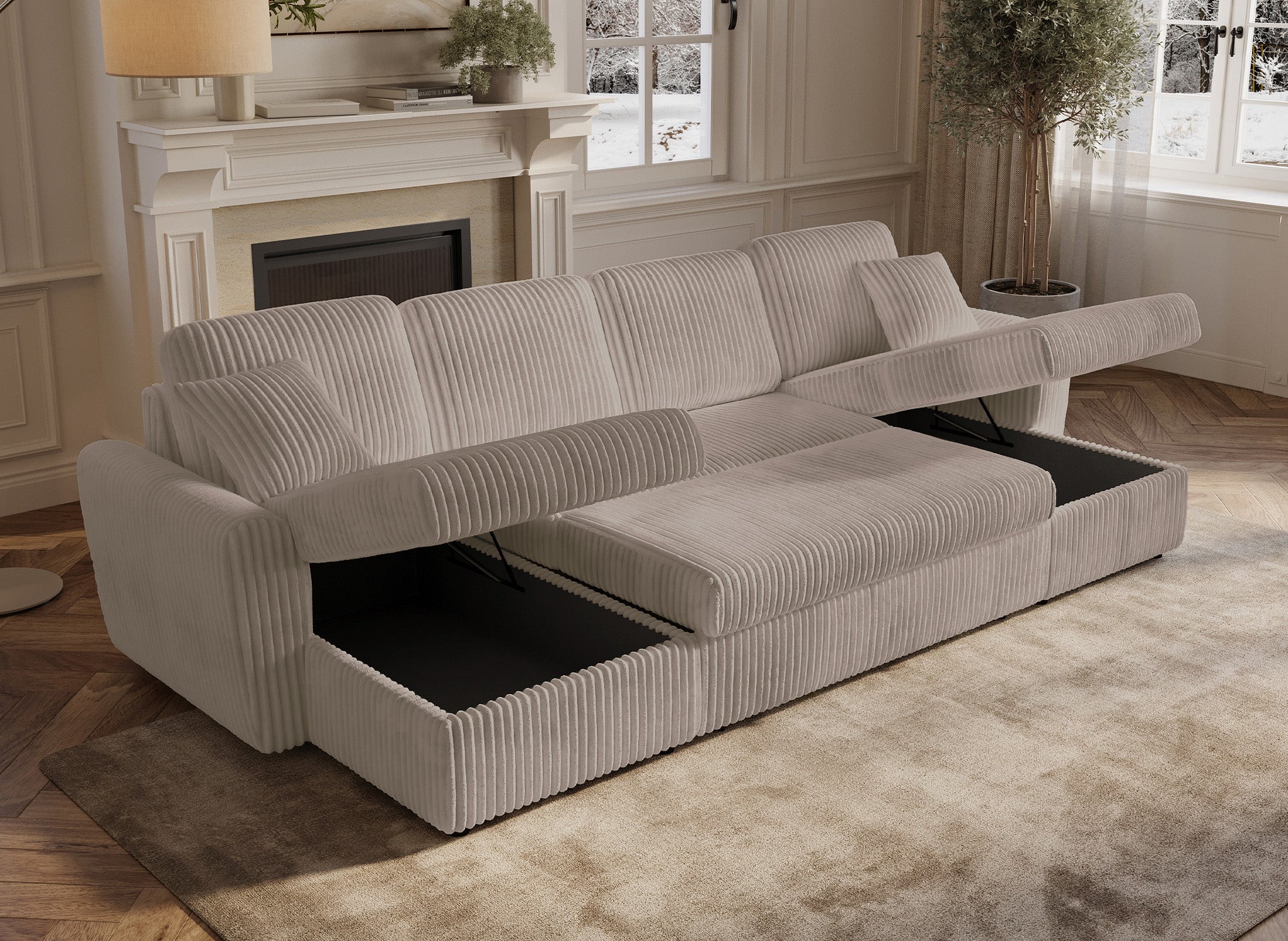 Divano panoramico trasformabile con cassapanche in velluto a coste spesso color talpa ADRYEN