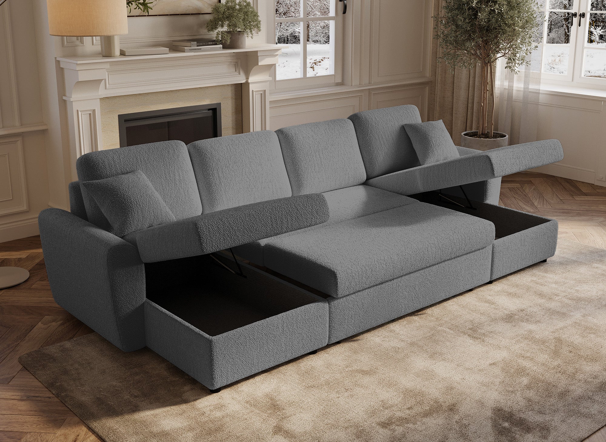 Canapé panoramique convertible 2 coffres de rangement en tissu bouclette gris ADRYEN