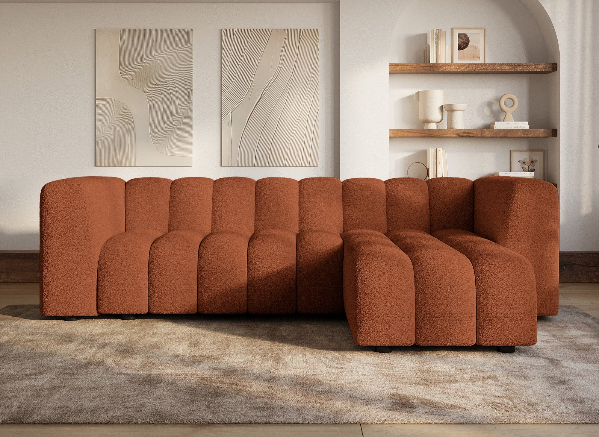 Canapé d'angle réversible en tissu bouclette terracotta AELIS