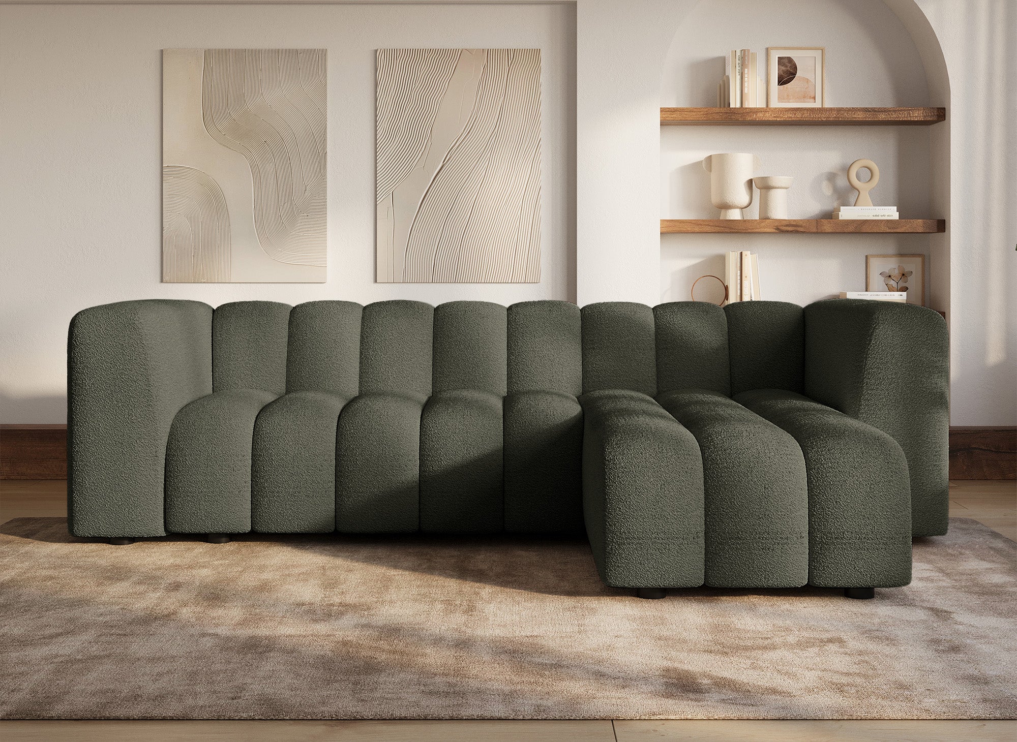 Canapé d'angle réversible en tissu bouclette vert AELIS