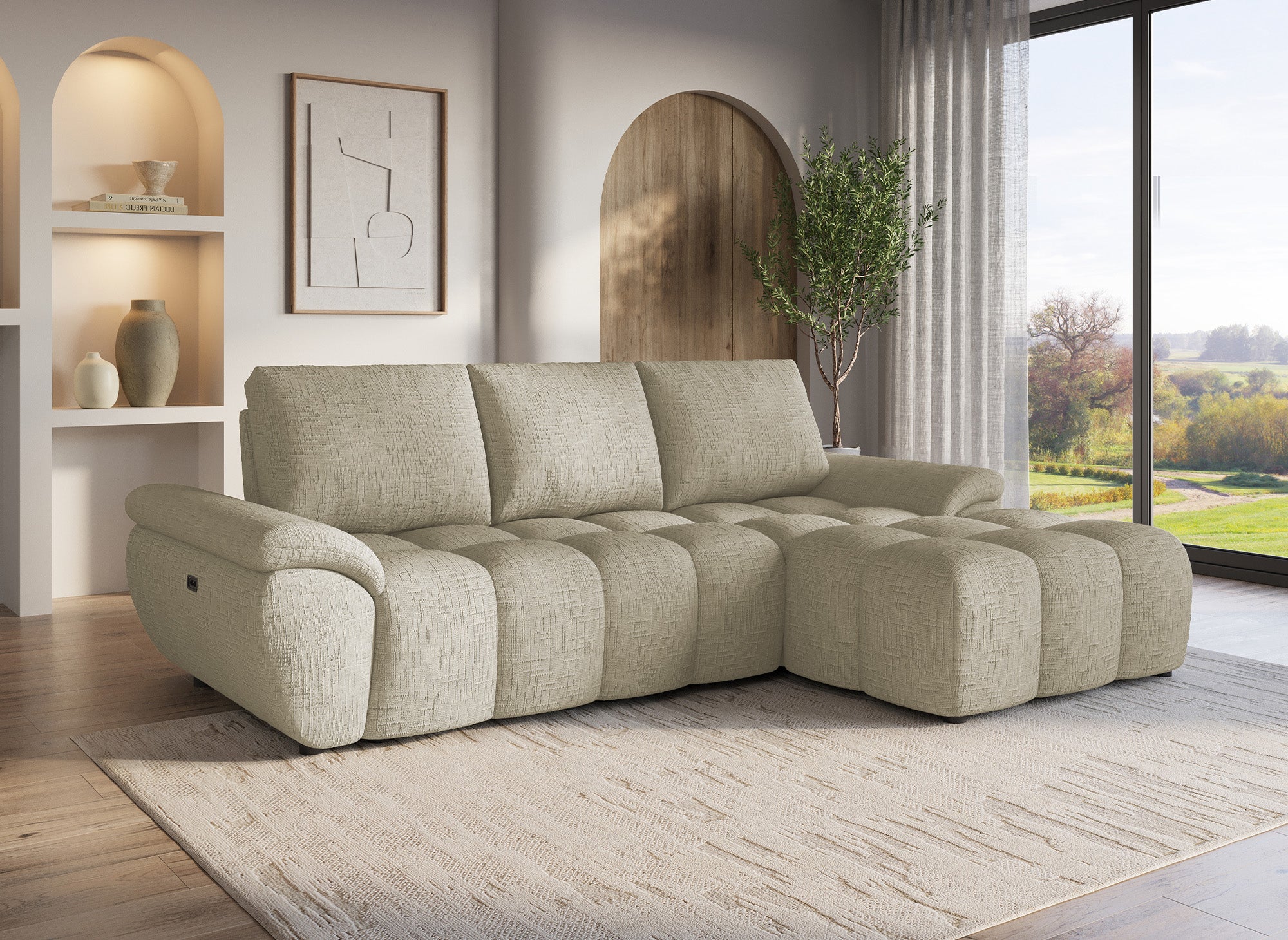 Canapé d’angle relax électrique en velours chiné taupe ALPES - Angle droit