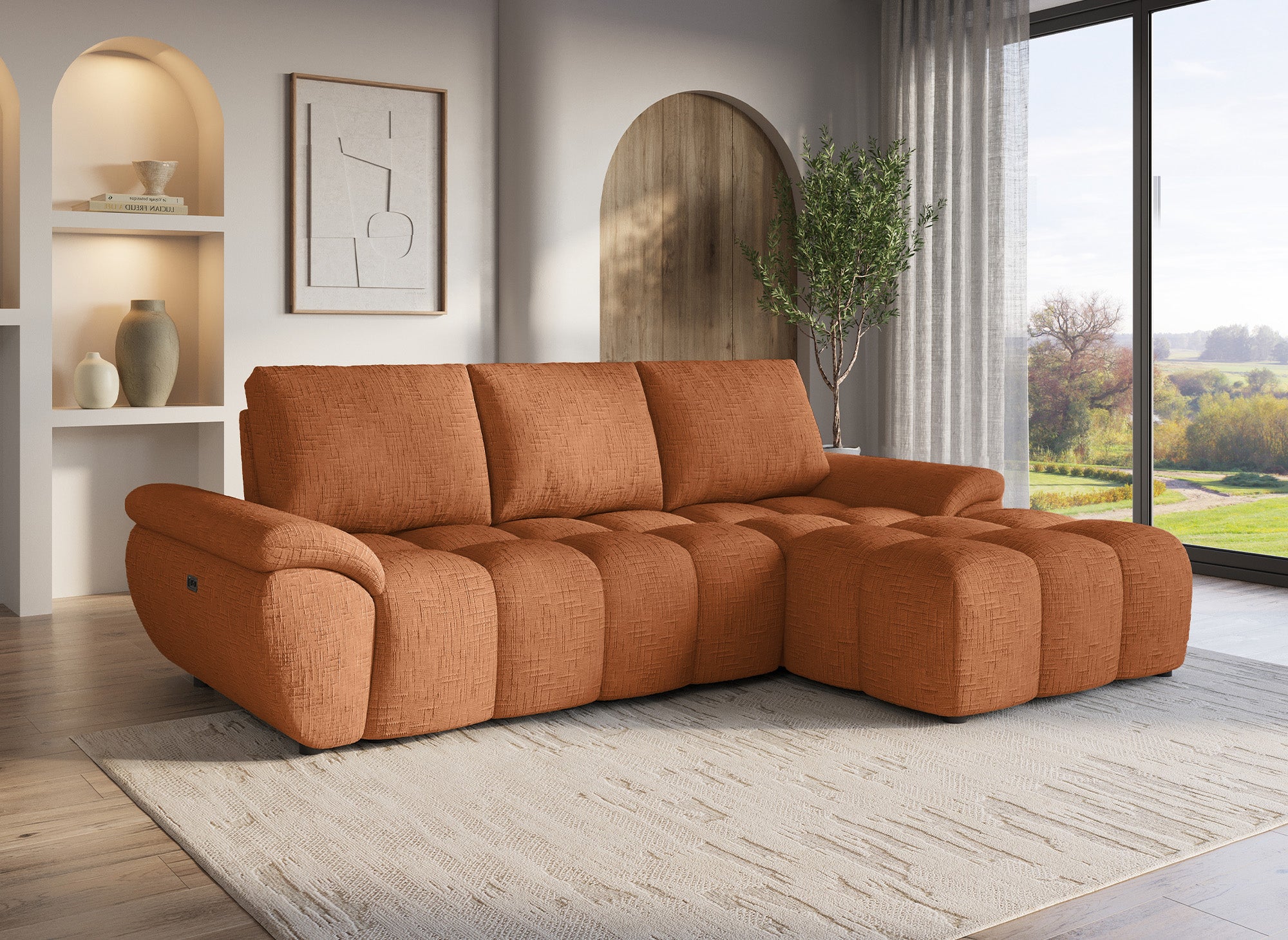 Canapé d’angle relax électrique en velours chiné terracotta ALPES - Angle droit