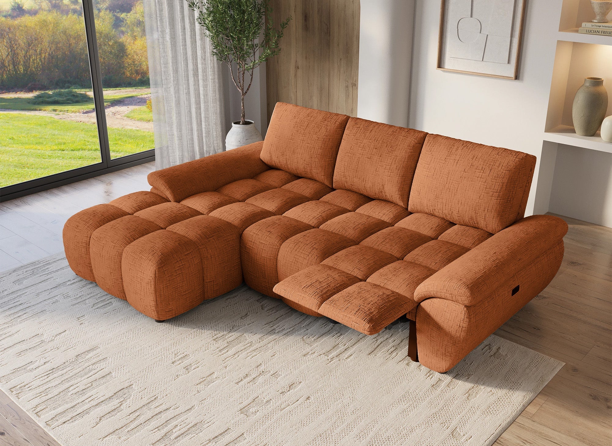 Canapé d’angle relax électrique en velours chiné terracotta ALPES - Angle gauche