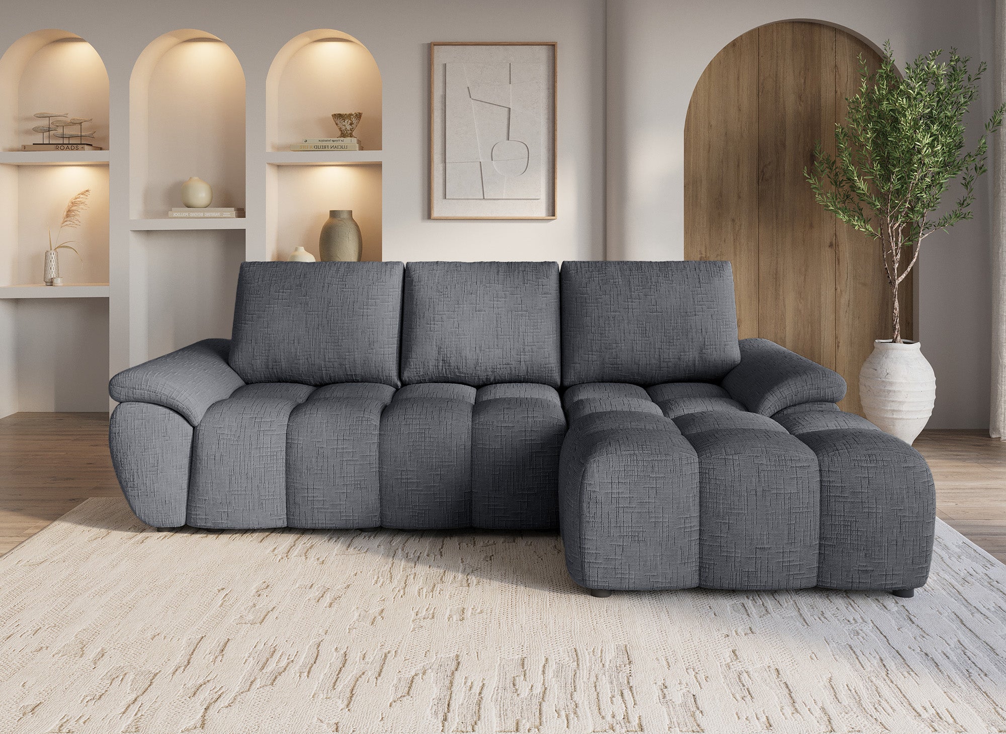 Canapé d’angle relax électrique en velours chiné gris ALPES - Angle droit