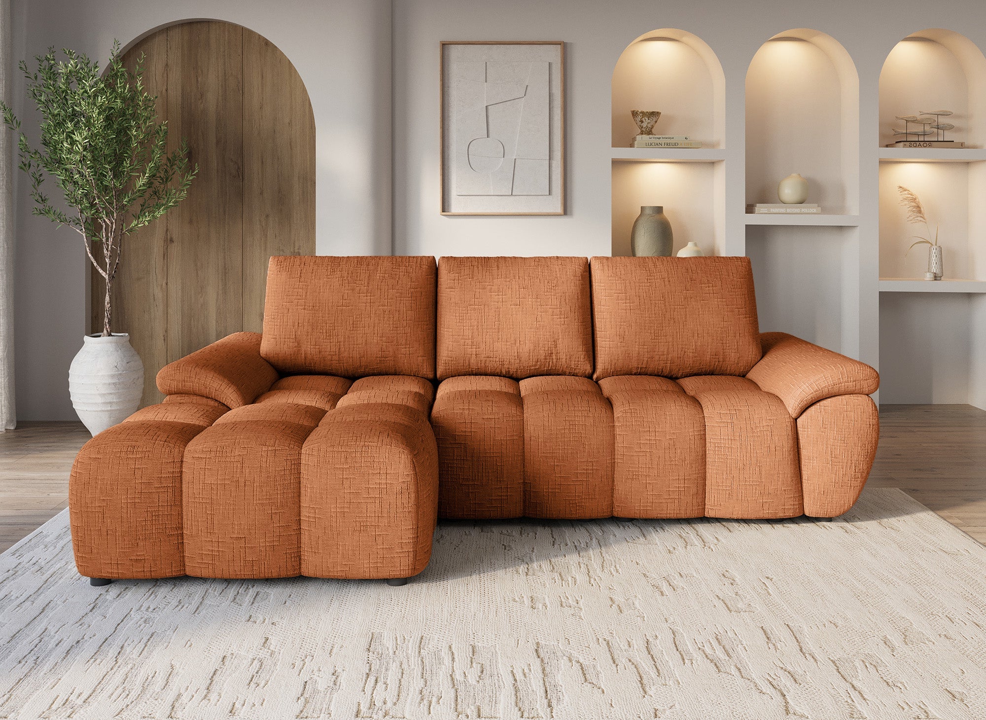 Canapé d’angle relax électrique en velours chiné terracotta ALPES - Angle gauche