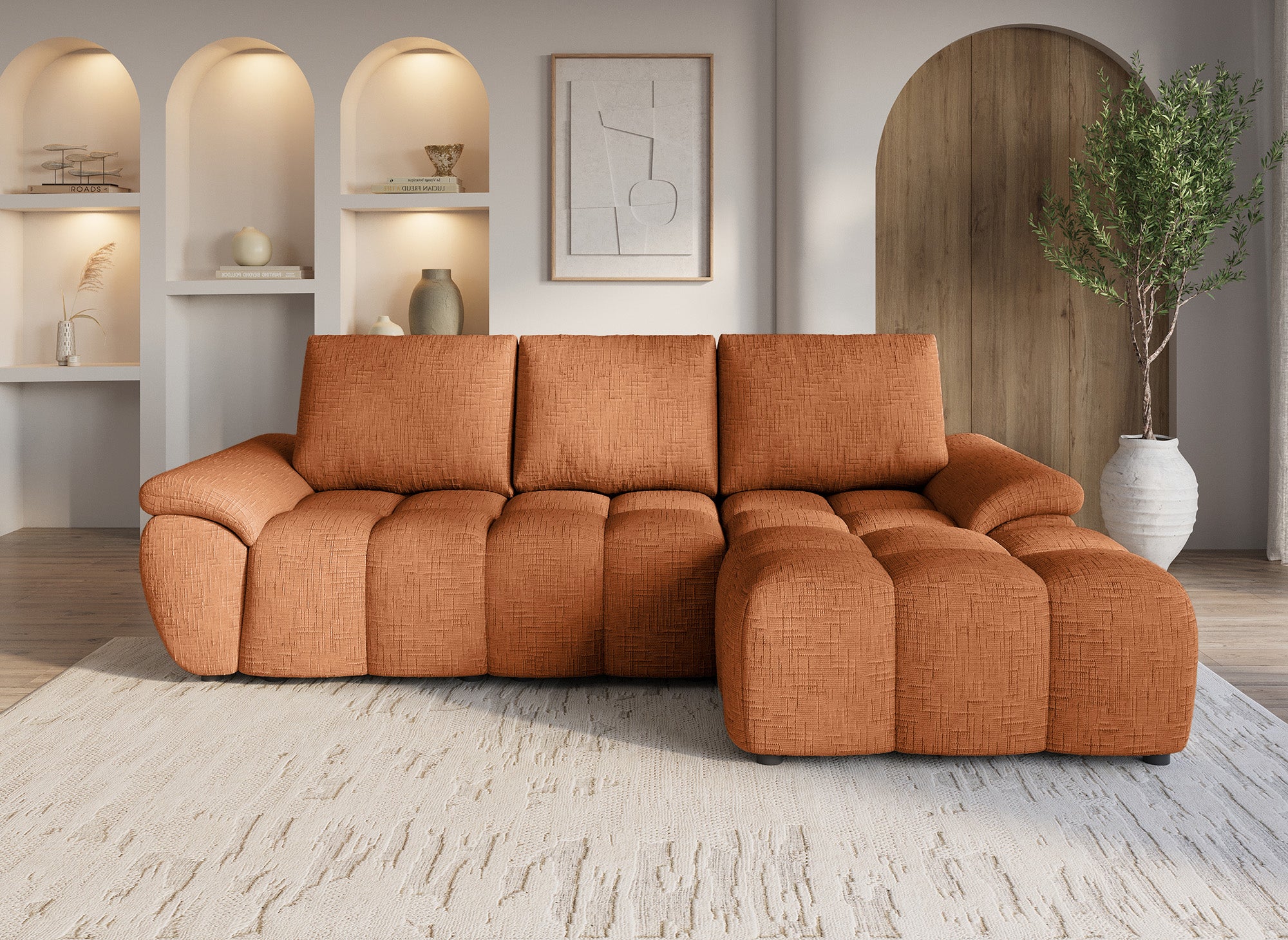 Canapé d’angle relax électrique en velours chiné terracotta ALPES - Angle droit