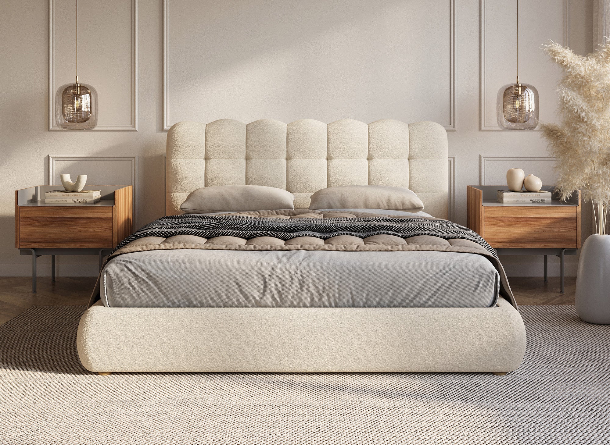 Lit coffre en tissu bouclette beige 140x190 cm BISCUIT